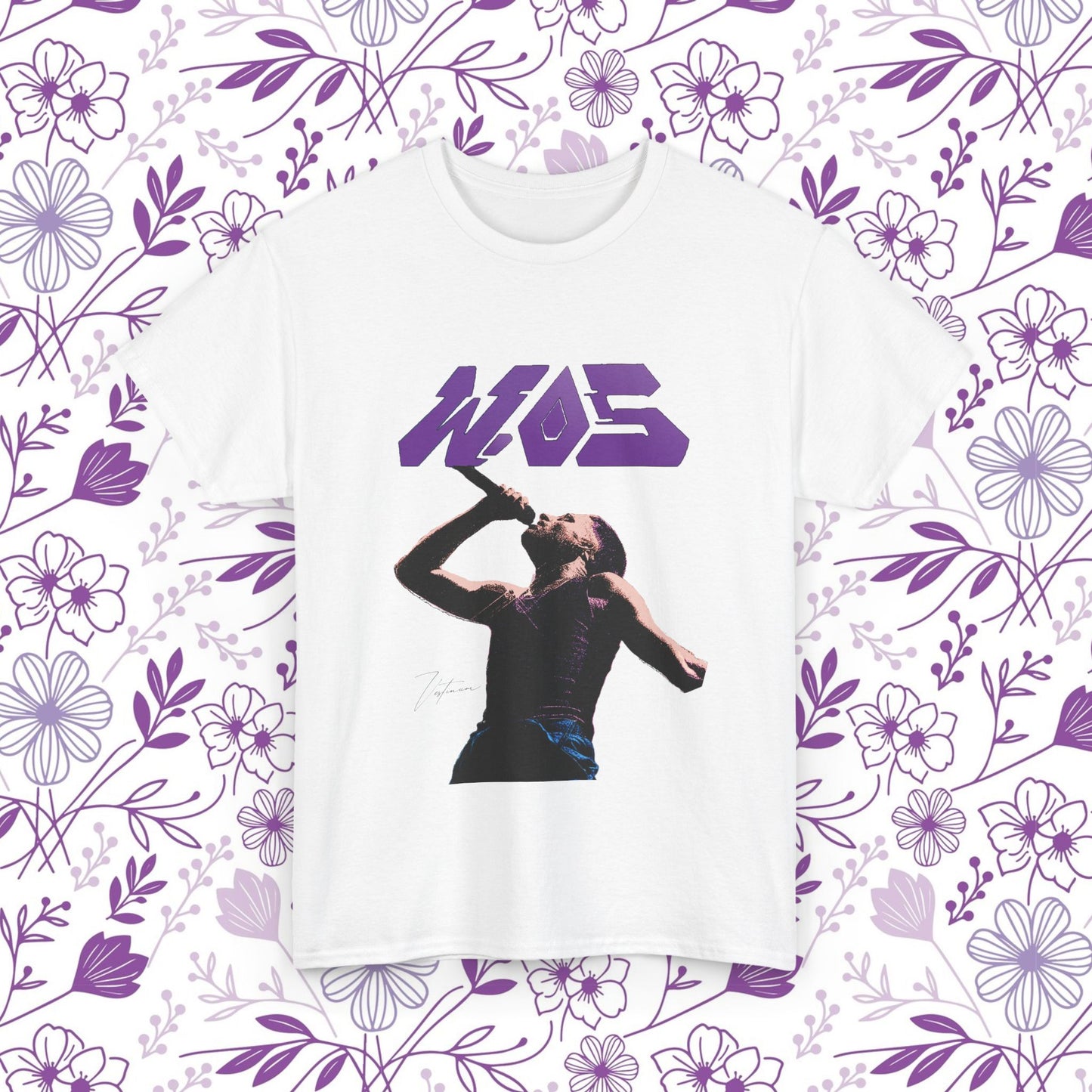 WOS urban cut t-shirt featuring a pop art portrait of Wos on a floral background, showcasing contemporary style.