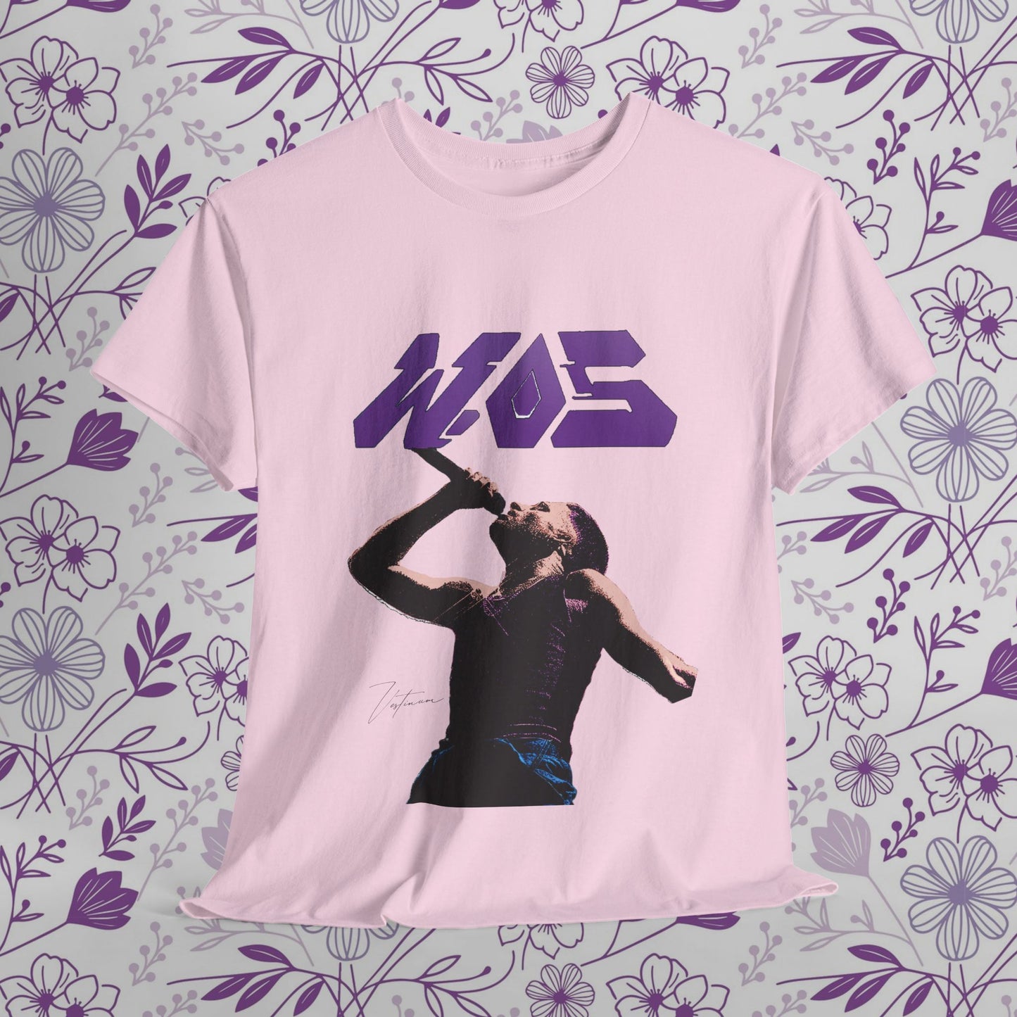 Pink urban t-shirt featuring WOS in pop art style with bold graphics and clean design, perfect for contemporary fashion.
