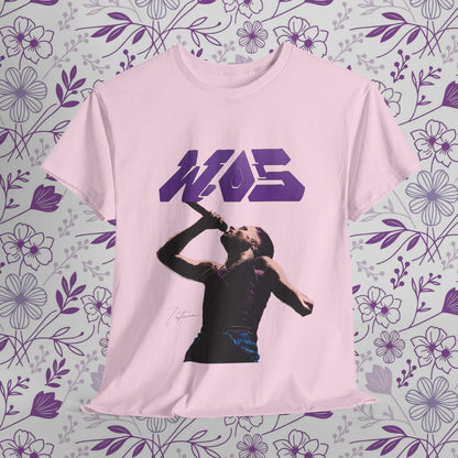 Pink urban t-shirt featuring WOS in pop art style with bold graphics and clean design, perfect for contemporary fashion.